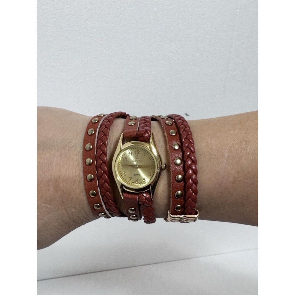 Decree Wrap Watch Brown Faux Leather Braided Studded Boho‎ Gold Tone Quartz Box